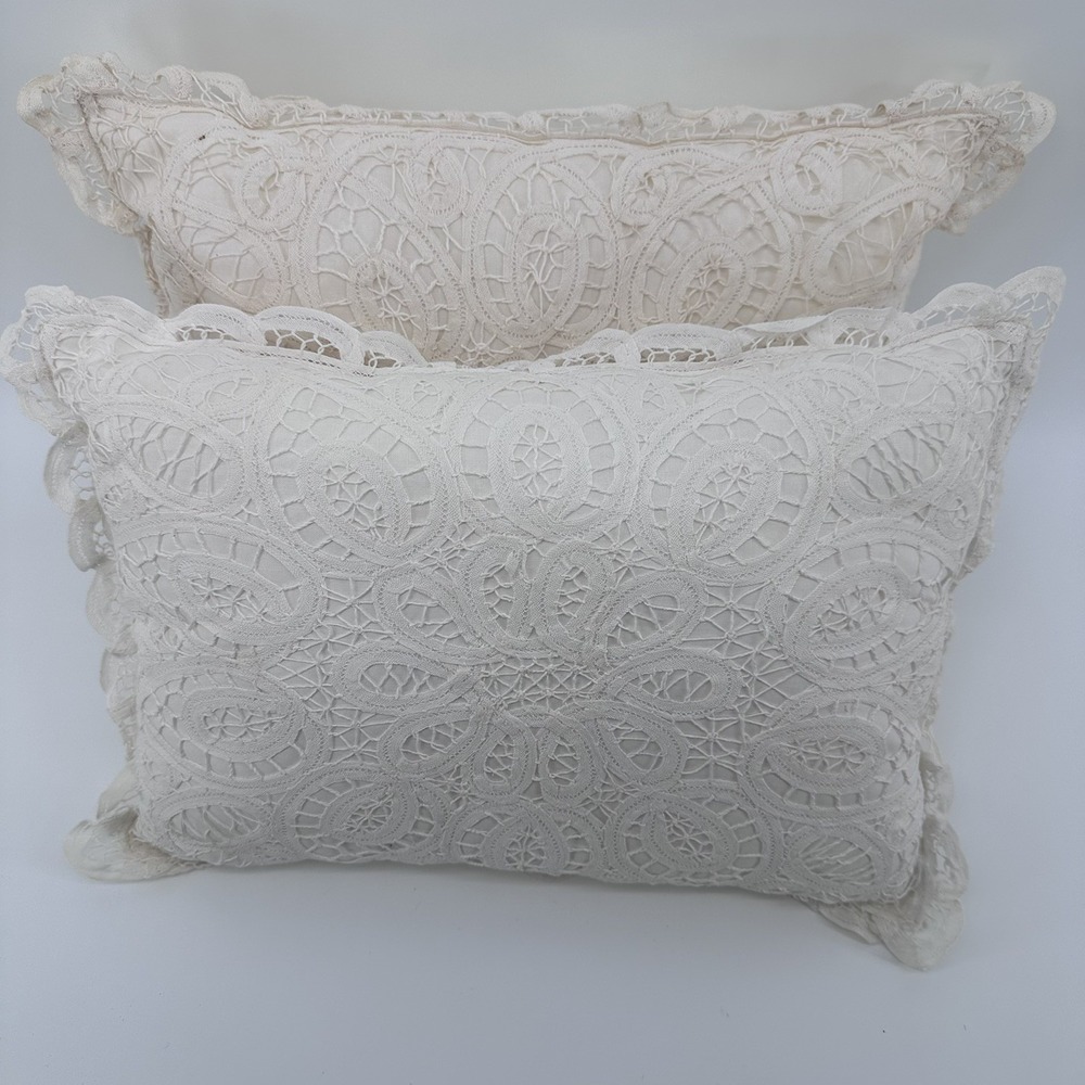 Vintage Keeco Battenberg Lace Pillows 12x18 Mismatched Pair White Cream Cottage